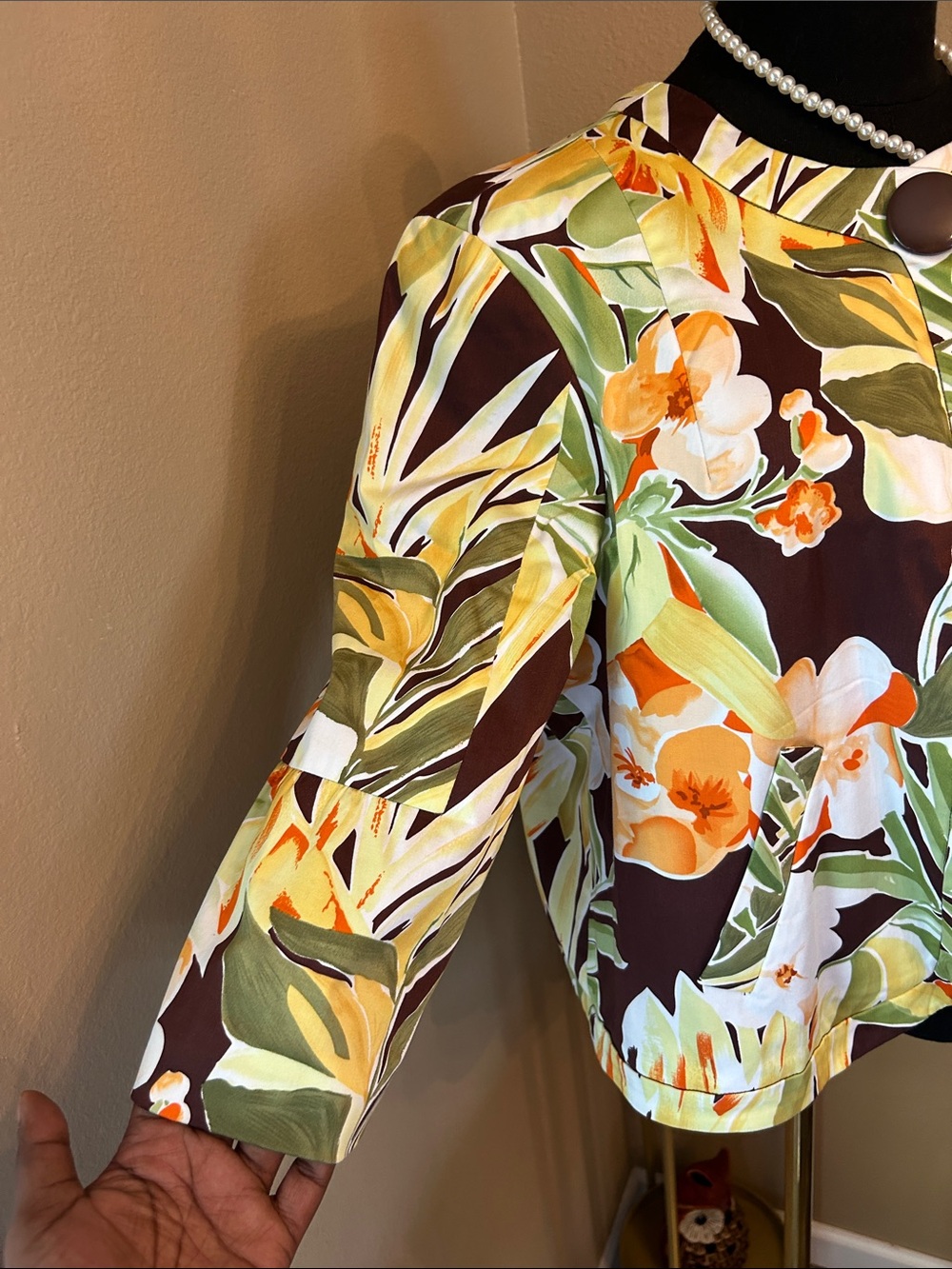 Floral Print Open Front Blazer Jacket - Yellow Green Brown - Picture 4 of 13